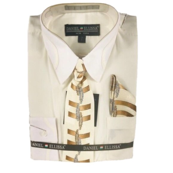 Daniel Ellissa Boys Ivory White Dress Shirt Ivory Gray Mustard Tie Hanky Size 7 - Picture 1 of 3
